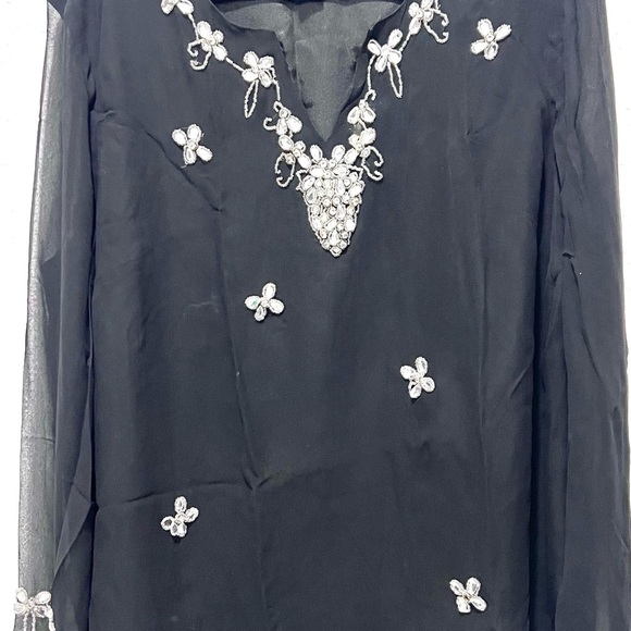 SilkLand Black 100% silk Embellished sheet Long Sleeve Blouse 2X - Picture 3 of 8